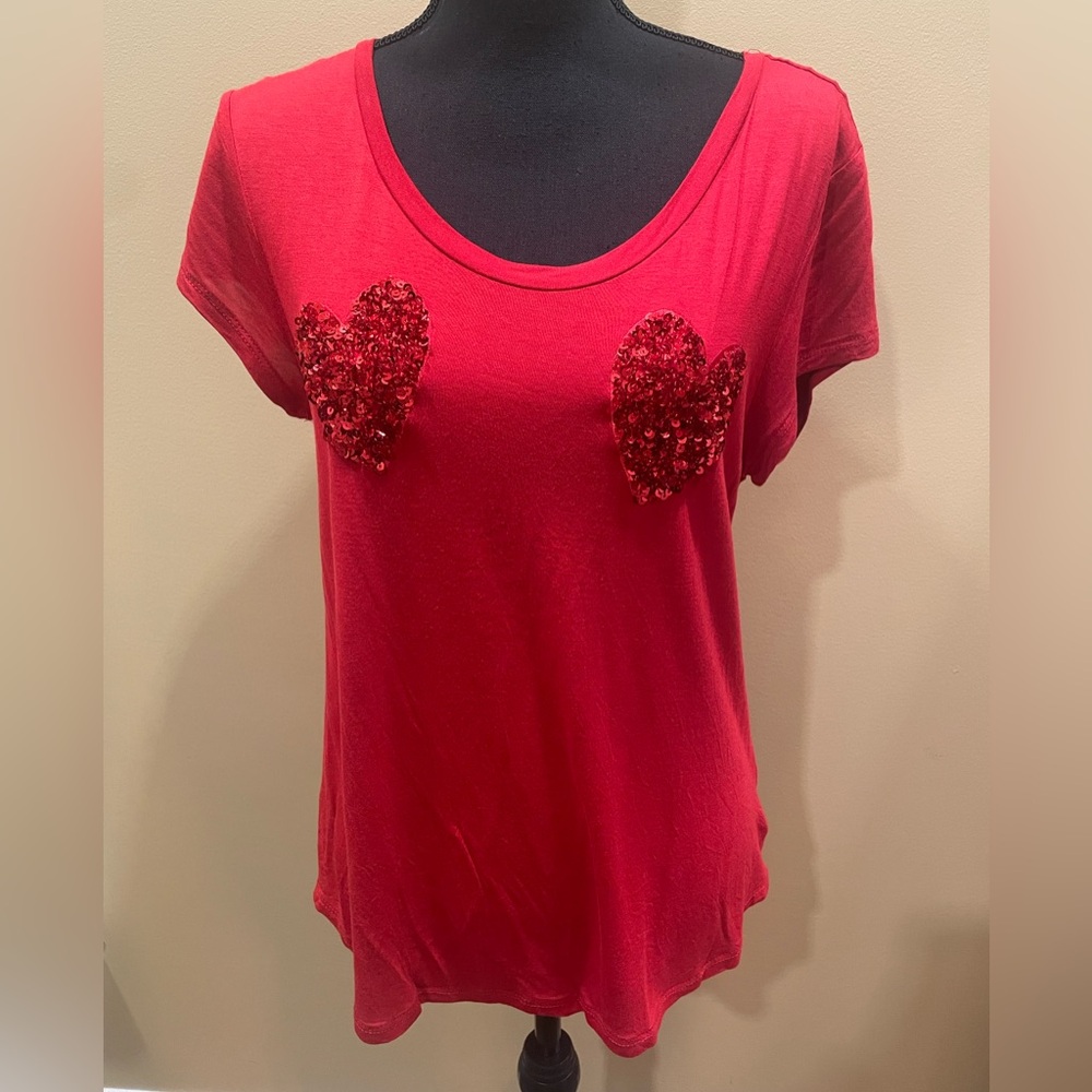 Red Sequin Heart Blouse Shirt Top Women’s L H&M Valentine Coquette Christmas